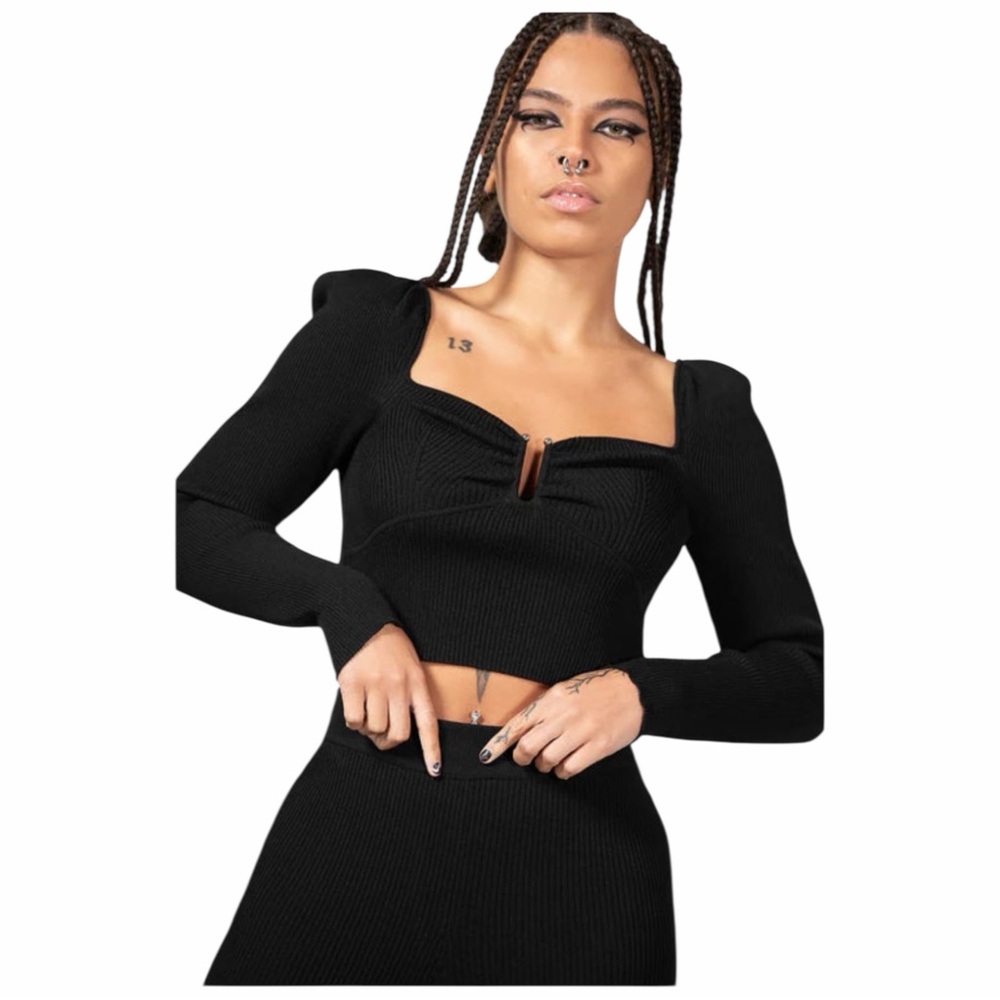 Killstar Pia Pollyanna Knit long-sleeved crop top in Black Size Medium
